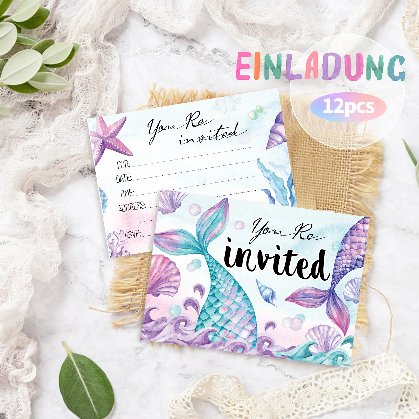 بطاقة دعوة لحفلة عيد الميلاد ، دعوات لطيفة ، حورية البحر تحت الماء ، حيوان بحري ، أرجواني ووردي ، 12 * #3