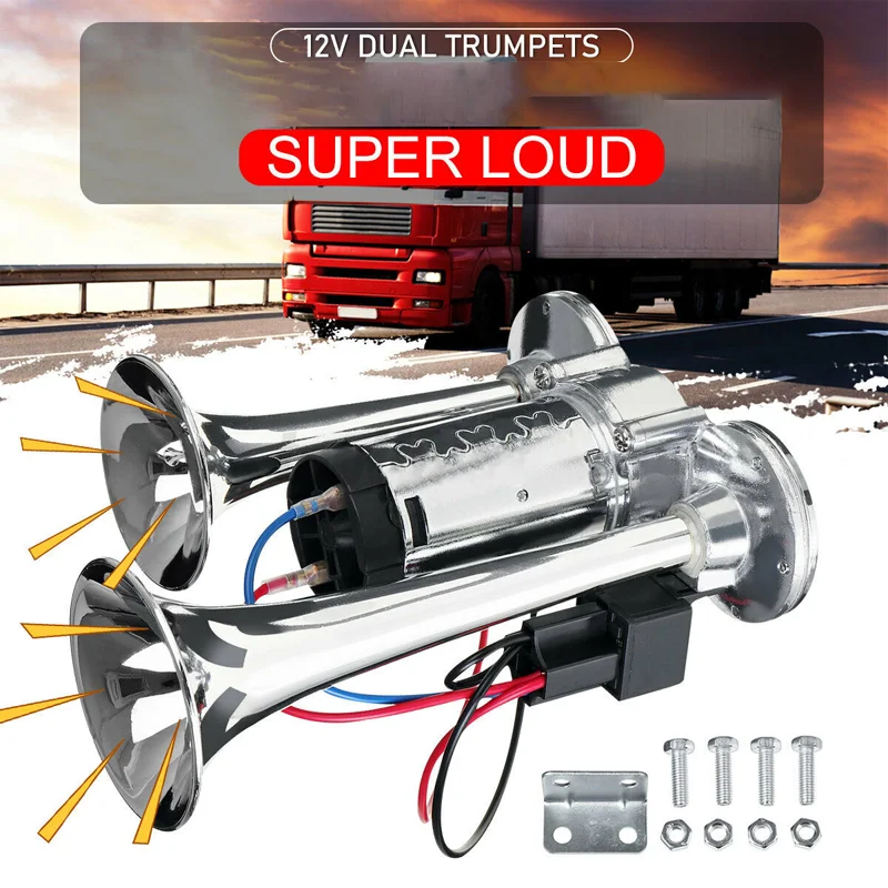 Universal 600DB Loud AAZRZRZ Car Air Horn 12V Metal Double Tubes Air Horn Car Truck Train Moto Lorry RV Boat