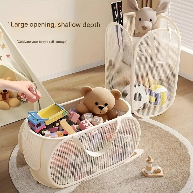 

TOPLIVING 1 PCS Large Kids Toy Storage Bin Foldable Mesh Laundry Basket Breathable Multifunctional Organizer For Plush Toys Clot