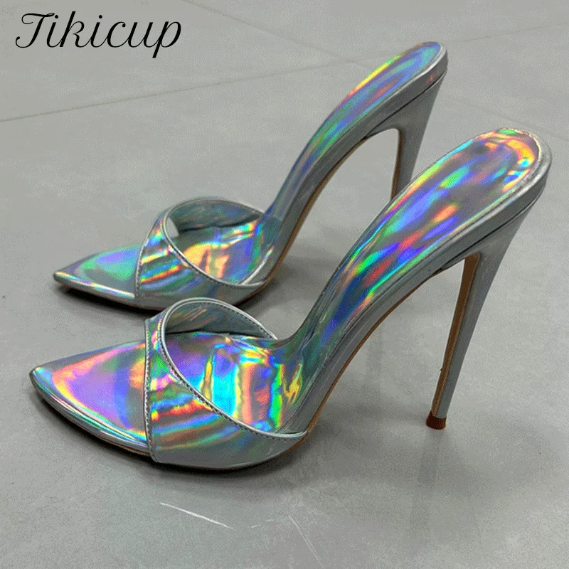 NEW Iridescent Metallic Pointed-Toe Stiletto Mules Slippers Elegance Lady 12cm High Heels Slip on Outdoor Sexy Evening Sandals