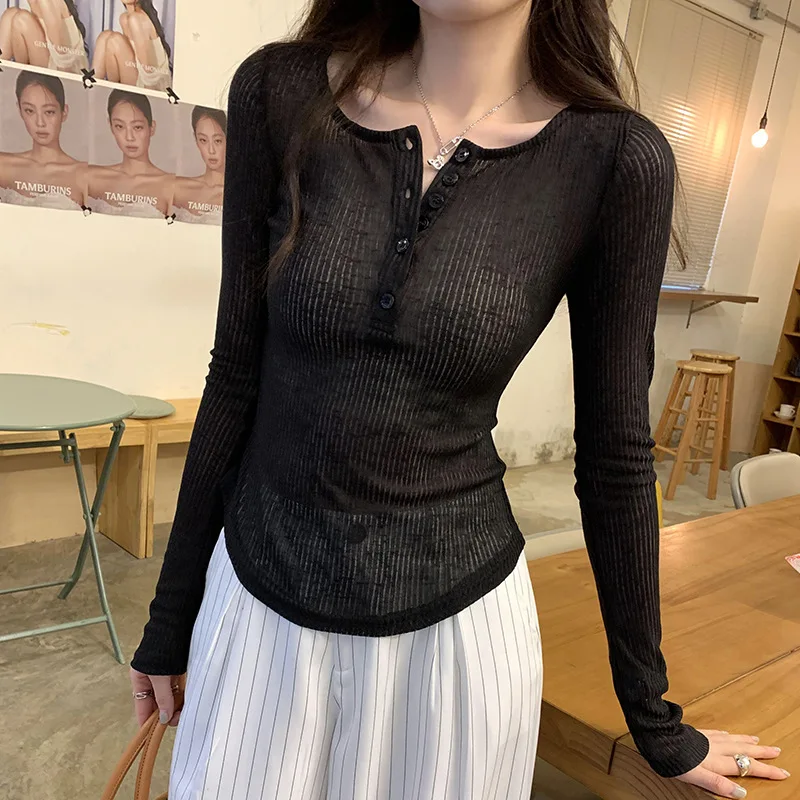 

Half Open Collar Long Sleeved T-Shirt For Women In The Spring And Summer Of 2025, Slim Fit, Inner Layer, Bottom Layer, Top