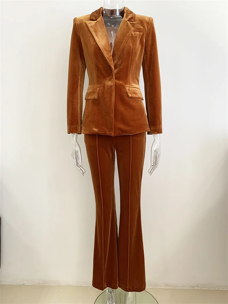 Golden Velvet 2 Pieces Women Suits Set Solid Colored One Button Suit Coat Flared Pants Unique Long Sleeve Blazer Newest In Stock