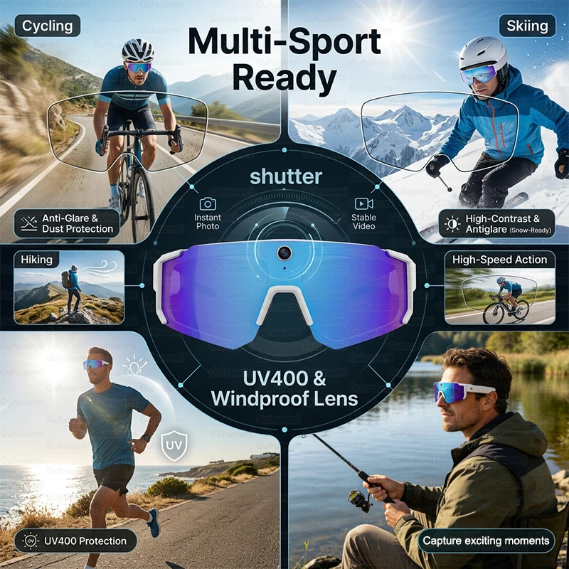 2026년형 새로운 스마트 촬영&녹화 안경, 흔들림 방지 800W HD 카메라, AI 음성 어시스턴트, 블루투스 통화 기능 탑재, 사이클링 및 스키용 고글 썸네일 4