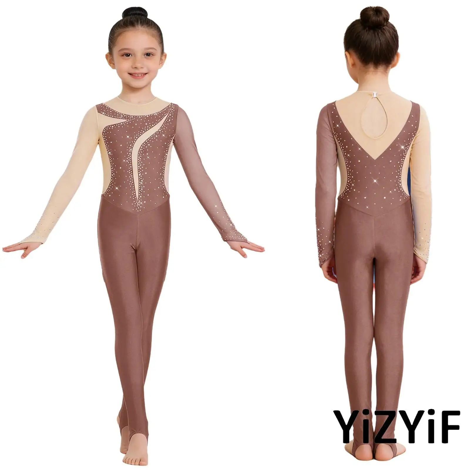 

Kids Ballet Dance Jumpsuit Girl Figure Skating Dance Leotard Long Sleeves Finger Holes Mesh Patchwork Shiny Rhinestones Bodysuit