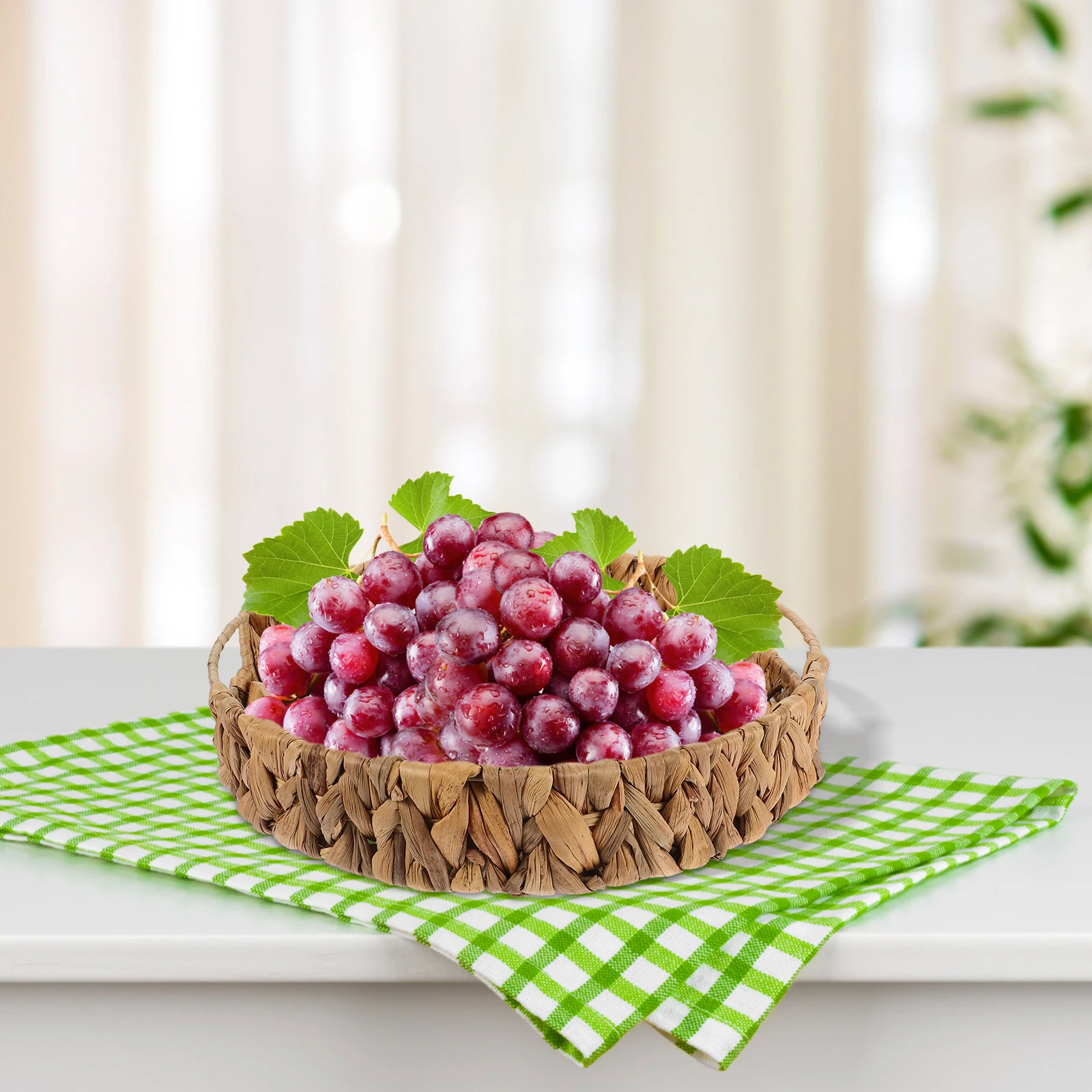 

1pcs Round Storage Basket Natural Grass Woven Organizer Snack Fruit Basket For Home Bathroom Bedroom Decor