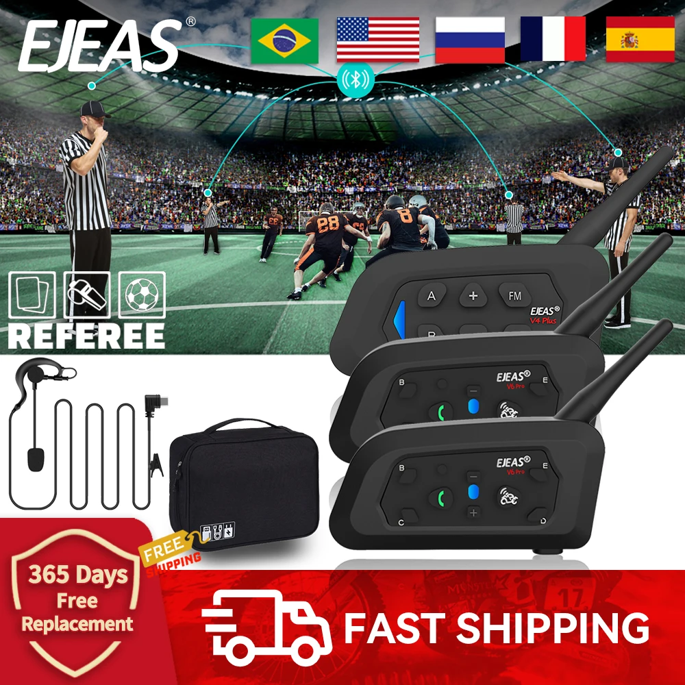 EJEAS V4C PLUS+2PCS V6C PRO+ 3 Users Football Referee Intercom Headset Duplex Bluetooth Headset 1200M Soccer Conference Intercom