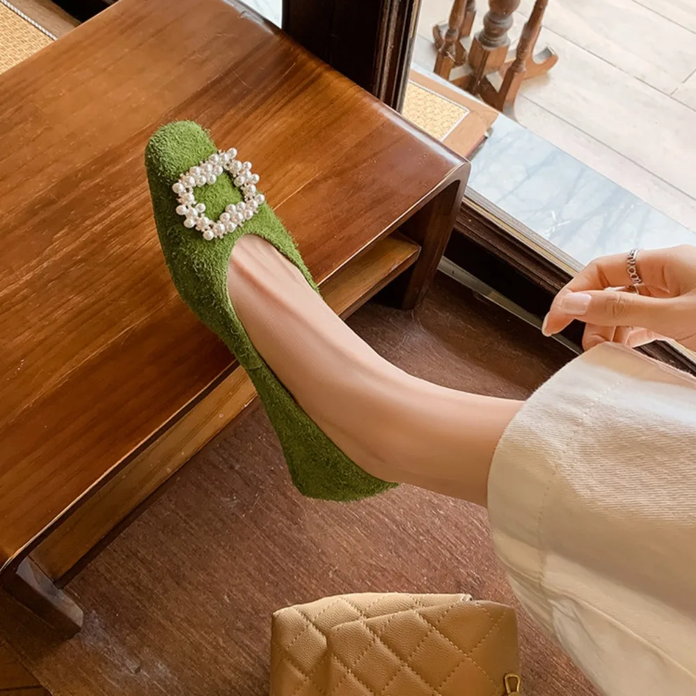 2025 ヴィンテージスタイルの女性のスクエアトゥスリッポンフラットスエードローブロックヒールメリージェーンパンプス春パールバックルコンフォートカジュアルシューズ