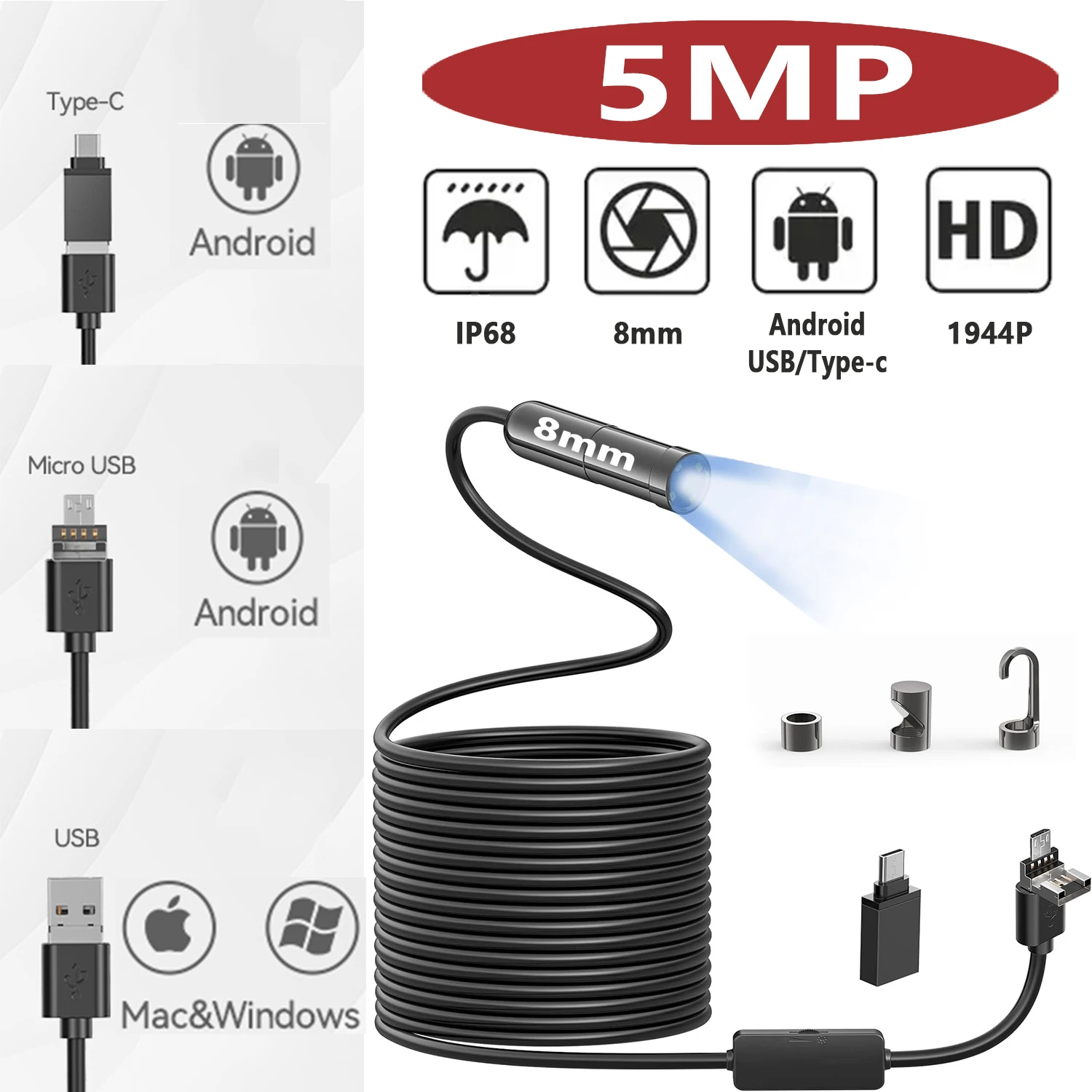 5MP Auto Focus Usb Industrial Piping Automotive Sewer Endoscope Borescope Inspection Cameras For Android Smartphone Type C Pipes