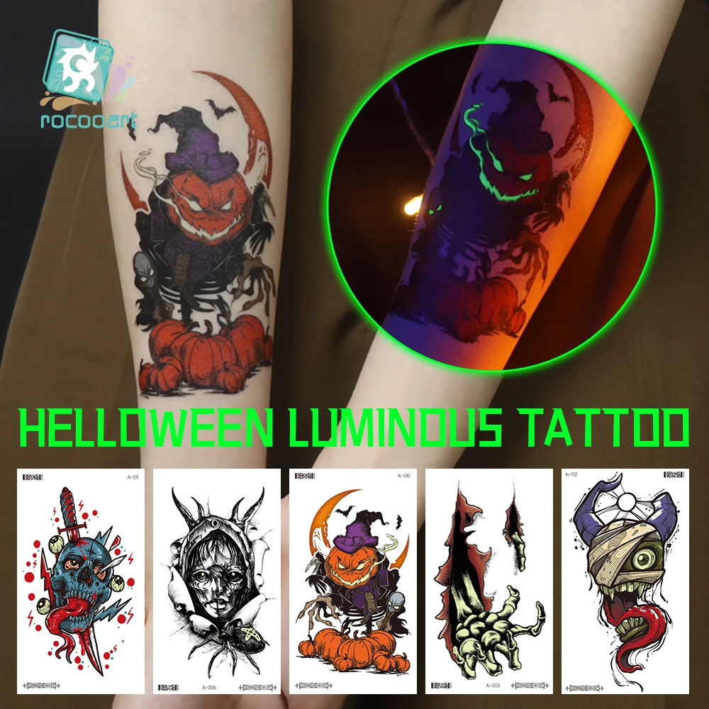 Pegatina de tatuaje luminoso para Halloween, tatuaje temporal impermeable, Cráneo, Eeyeball, fantasma, Araña, tótem cruzado, tatuaje falso