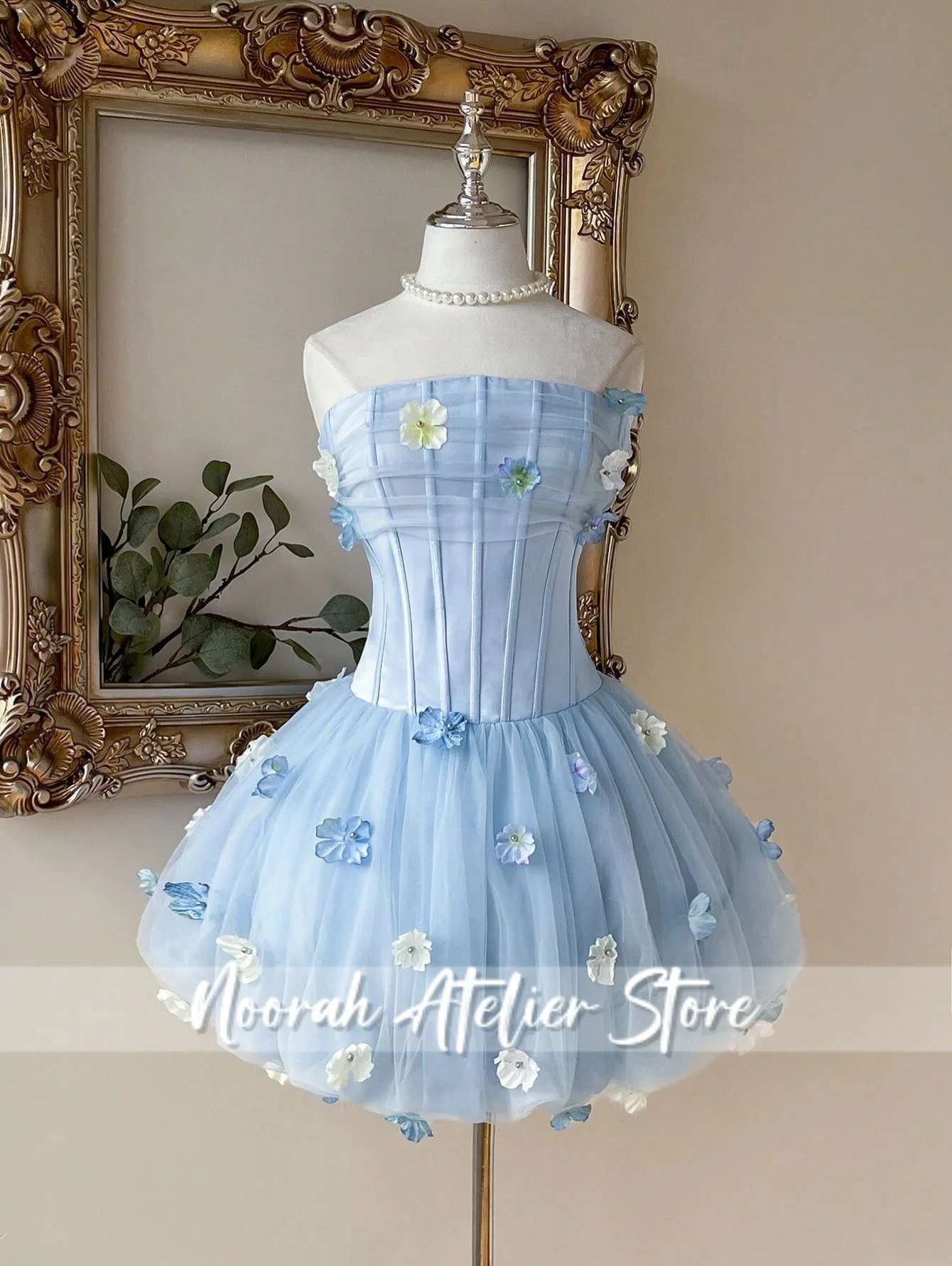 

Strapless Light Blue 3D Flower Tulle Short Cocktail Prom Dress Corset Style Formal Party Homecoming Gown For Women Customized