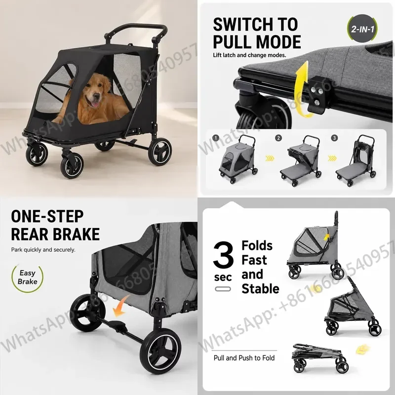 Pet Strollers for Large Dogs 80KG 2-in-1 Push Pull Mode Panoramic Skylight One-Step Brake Large Dog Stroller Factory Custom