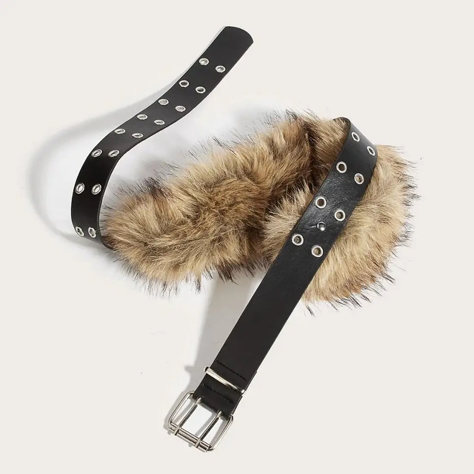 Faux Fur Studded Leather Belt, Adjustable Pin Buckle, Y2K Punk Renaissance S3566386c31ac4b4f854f2519a8fef  main image 2