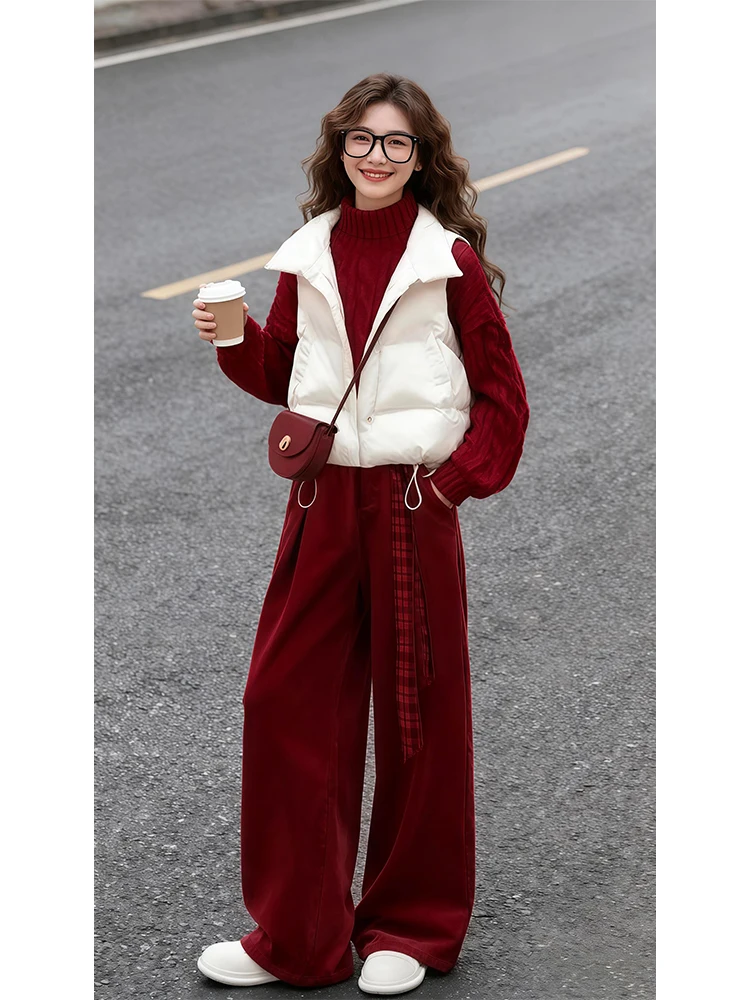 

New Year's Red Knitted Sweater Vest Wide Leg Pants Set Warm Casual Anti-Aging Tee-Piece Women's Faion Ensemble