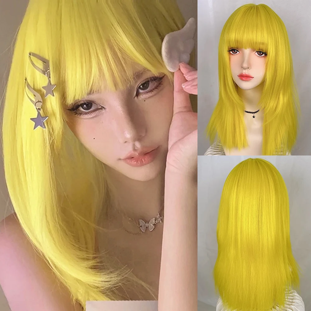 

Synthetic Long Straight Yellow Wig with Bangs For Women Daily Cosplay Lolita Party Fluffy Heat Resistant Wig