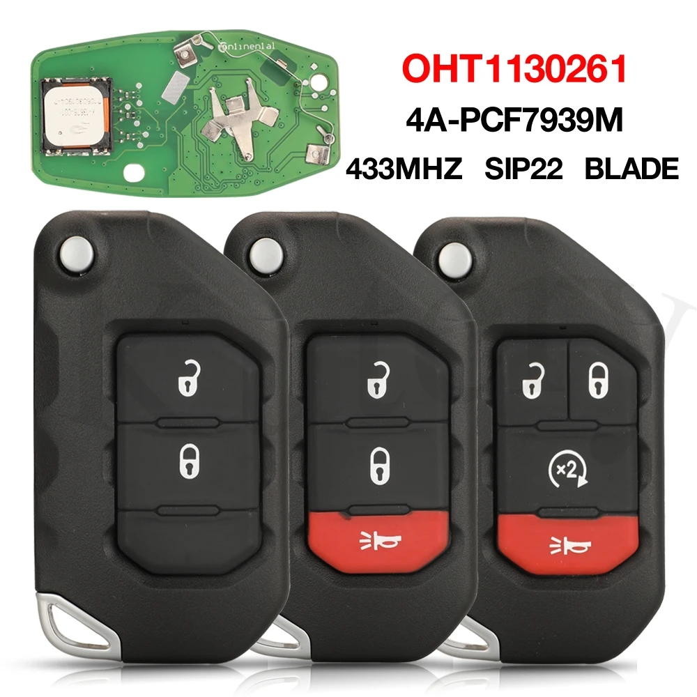 

jingyuqin OHT1130261 433MHz 4A PCF7939M Chip 68416784AA For Jeep Wrangler 2018 2019 Smart Remote Auto Car Key Fob SIP22 Blade