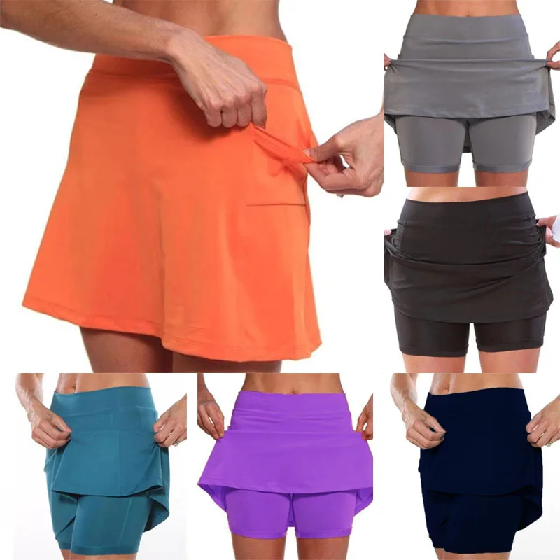 

Summer Women's Solid Color Mini Culottes Fake Two-piece Sports Casual Anti-exposure Skirt Gym Yoga Shorts Black Skirt