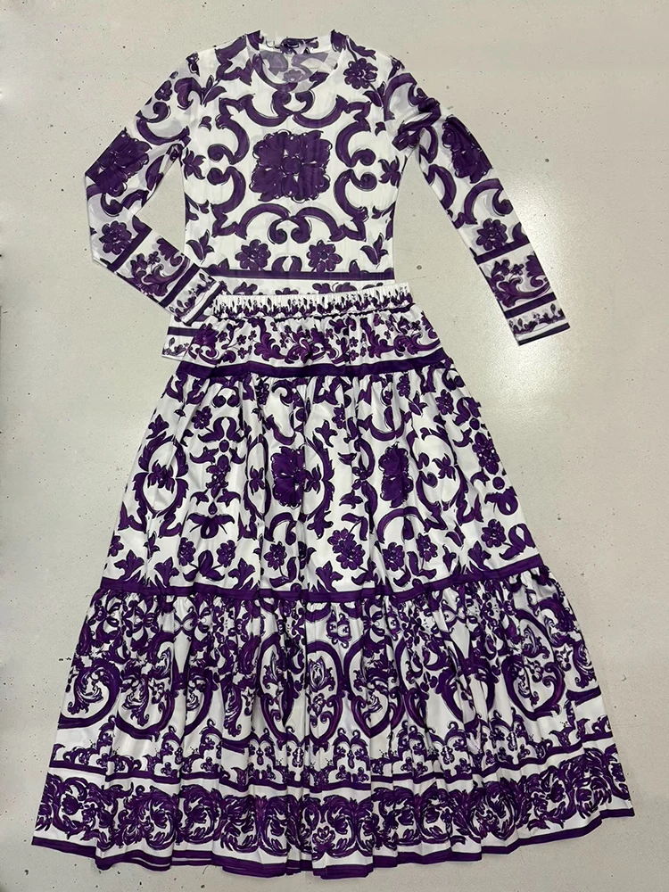 Retro Printed Knitted Mesh Long Sleeve T-shirt Two-piece Set 2026 Autumn Women's Clothing + Loose Large Size Skirt Fashion Suit