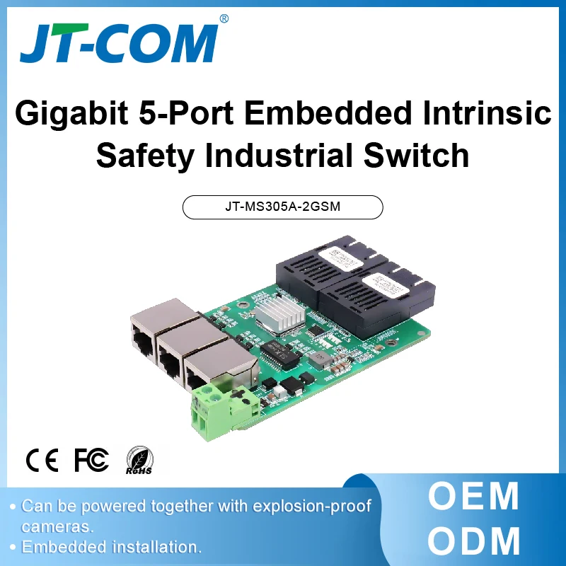 JT-COM Gigabit 2G3E Single mode Dual fiber Intrinsic Safety Industrial Switch 20KM PCBA