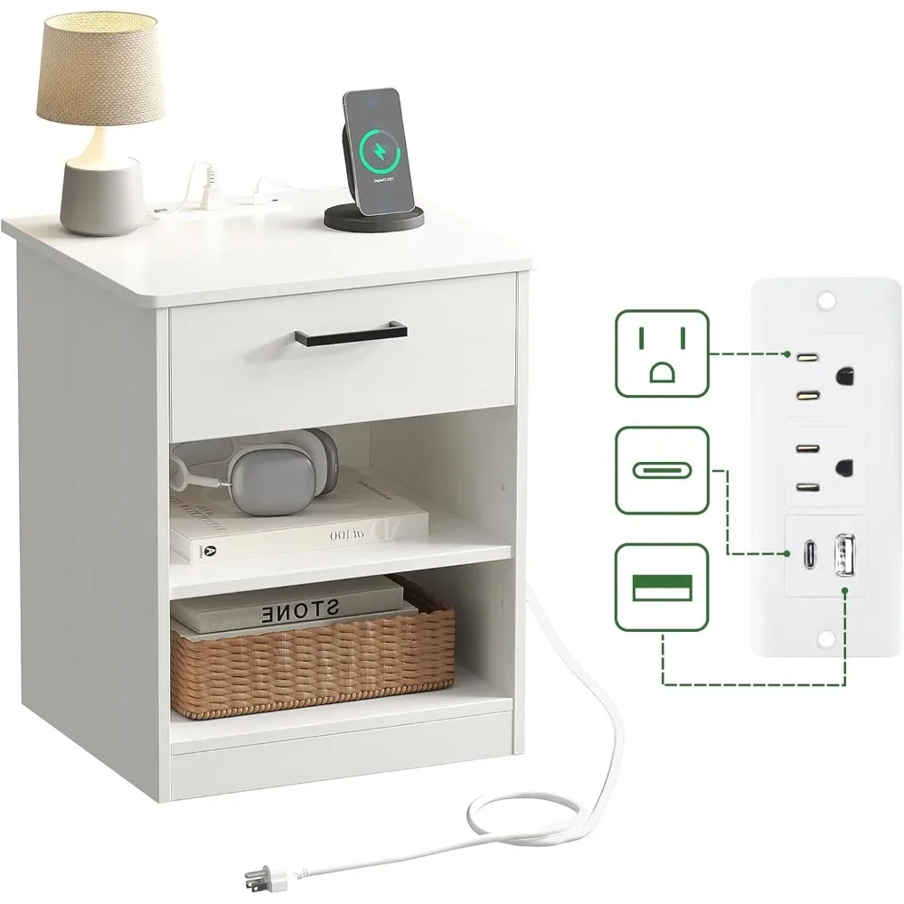 Everyday Side Table with Fast Charging Station - USB C Cable Fast Charging, Wooden White Nightstand Bedside Table with Drawer