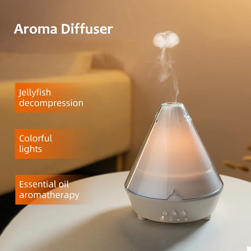 Ultrasonic Volcano Essential Oil Diffuser Jellyfish Spray Humidifier Quiet Mute Mist Maker 7-Color Night Light Desktop Decor
