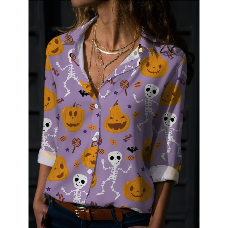 This year's new European and American Halloween cartoon funny skeleton pumpkin head printed shirt