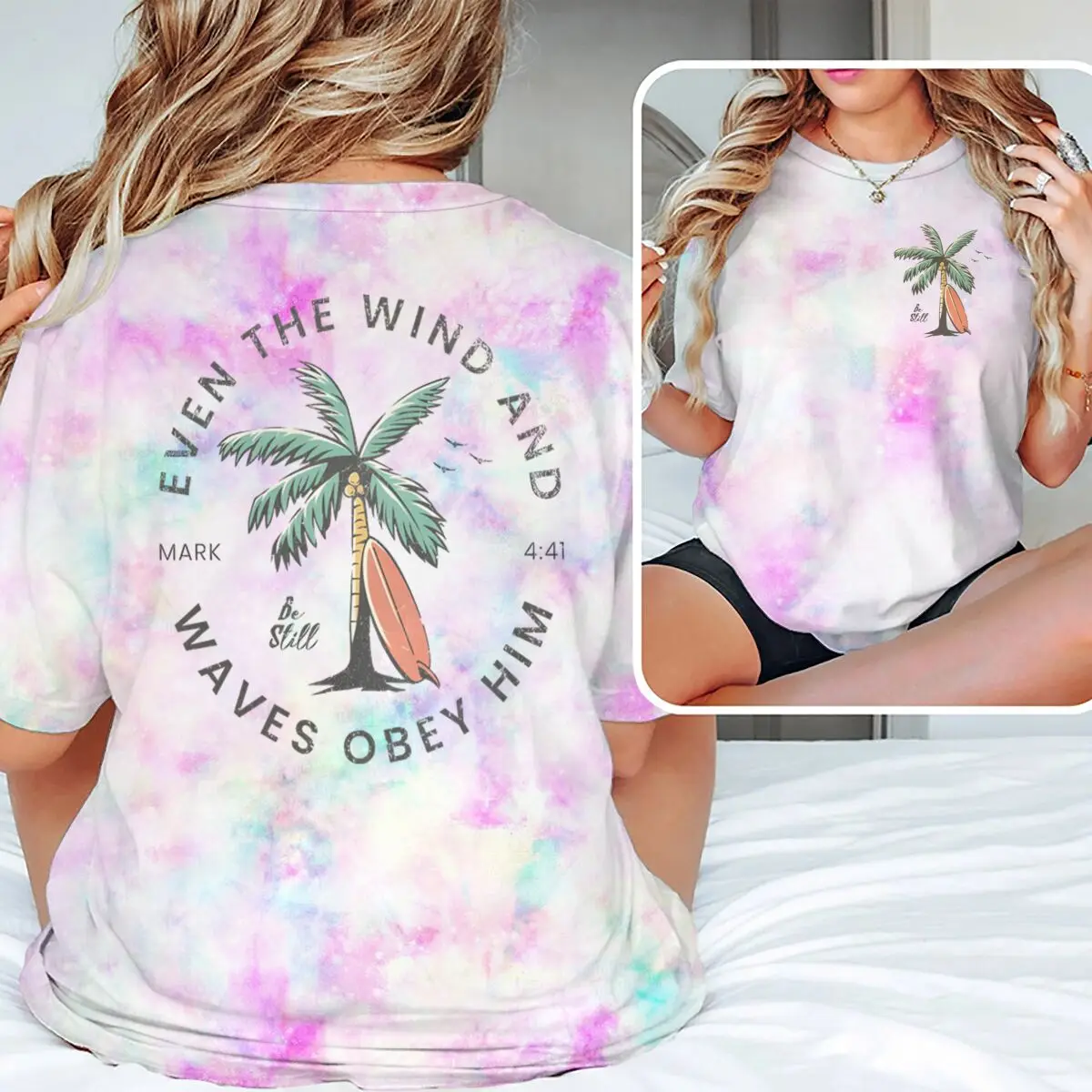 

"Be Still" Christian Tie Dye T-Shirt Men Women Surfboard Print Faith-Based Casual Top Unisex Summer Beach Casual Top