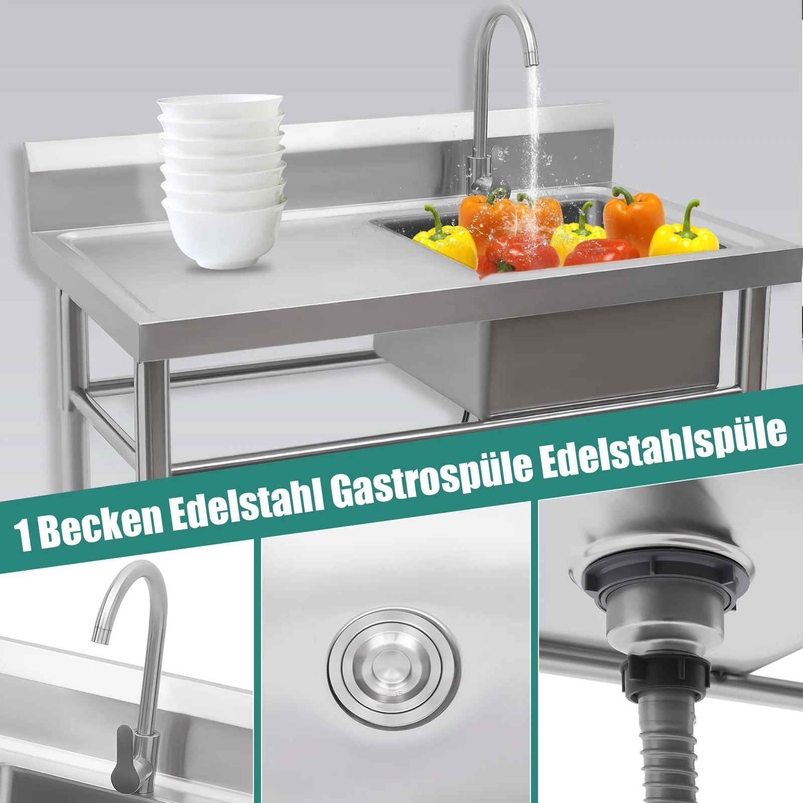 حوض فضي تجاري من الفولاذ المقاوم للصدأ - 39 × 24 × 37 بوصة، حوض فردي، قائم بذاته، مع صنبور وصرف، للمطعم/الغسيل