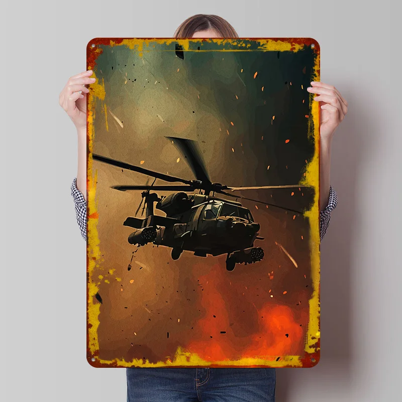 Military Helicopter Action Metal Poster Customized Wall Art Retro Vintage Tinplate Signs for Modern Home Decoration Luxury Decor