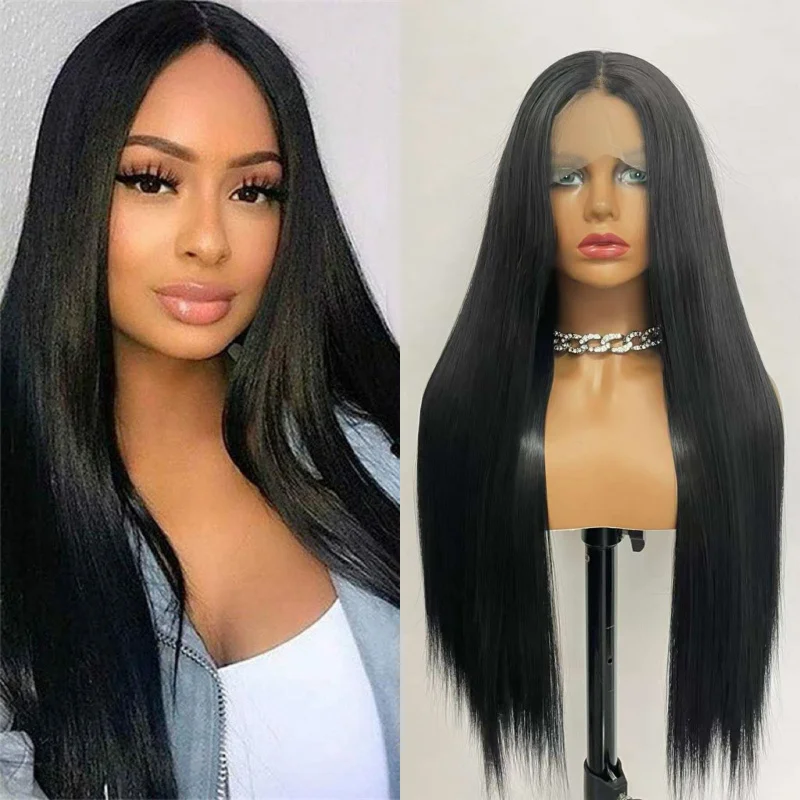 New product: Middle-parted long straight hair lace front synthetic fiber wig, direct sales