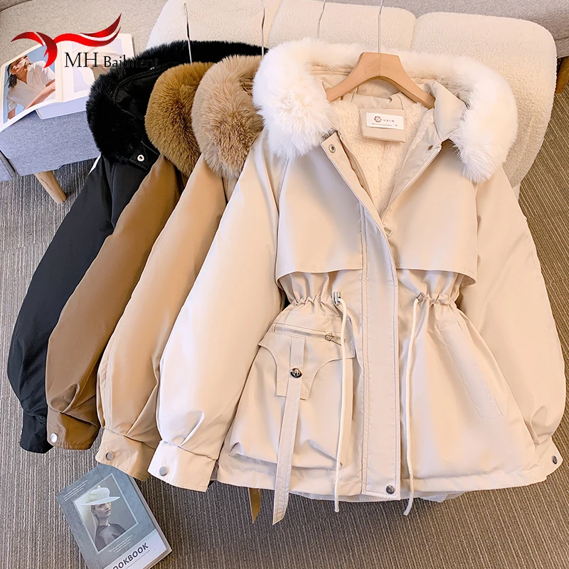 

Women Parka Fashion Medium Long Coat 2025 New Winter Jacket Slim With Faux Fur Collar Warm Snow Clothes Female Tops