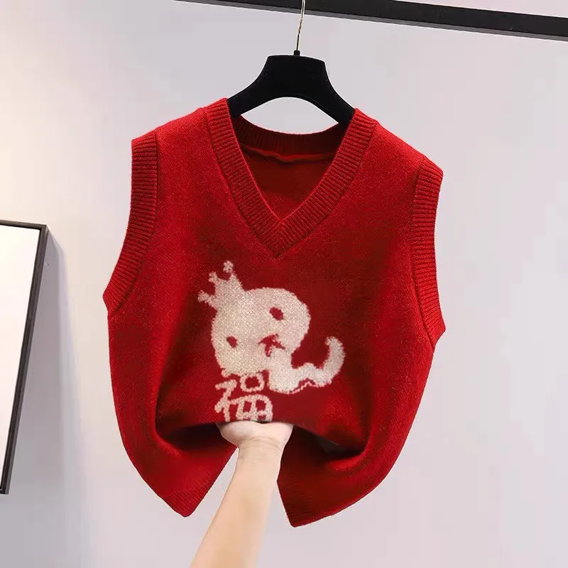 Red  Year Knitted Sweater Vest Women's Fashionable Base Layer Top V-Neck Commute Style Autumn Winter Chinese Brand Buckle