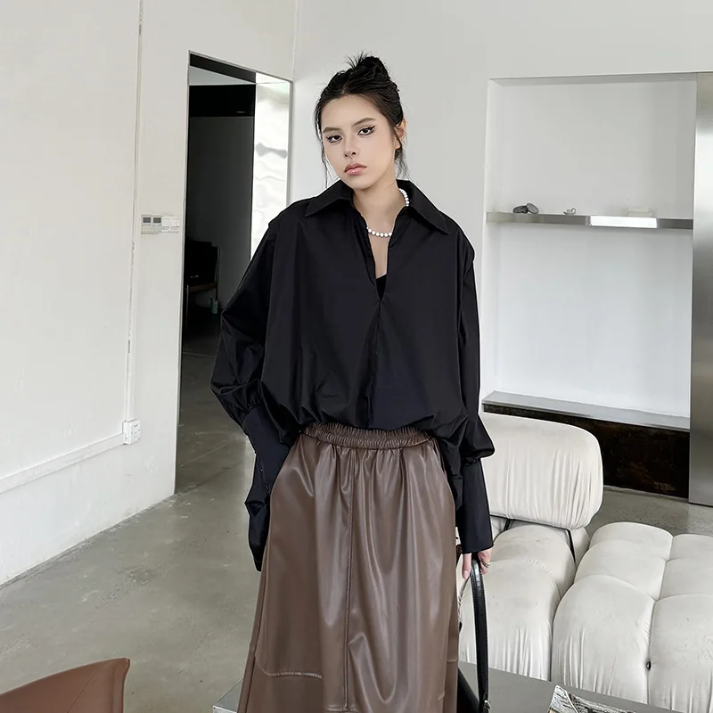 Women's New Solid Color V Neck Shirt Irregular Ruffle Loose Breathable Soft Fabric Elegant Office Commute Stylish Versatile Top 2