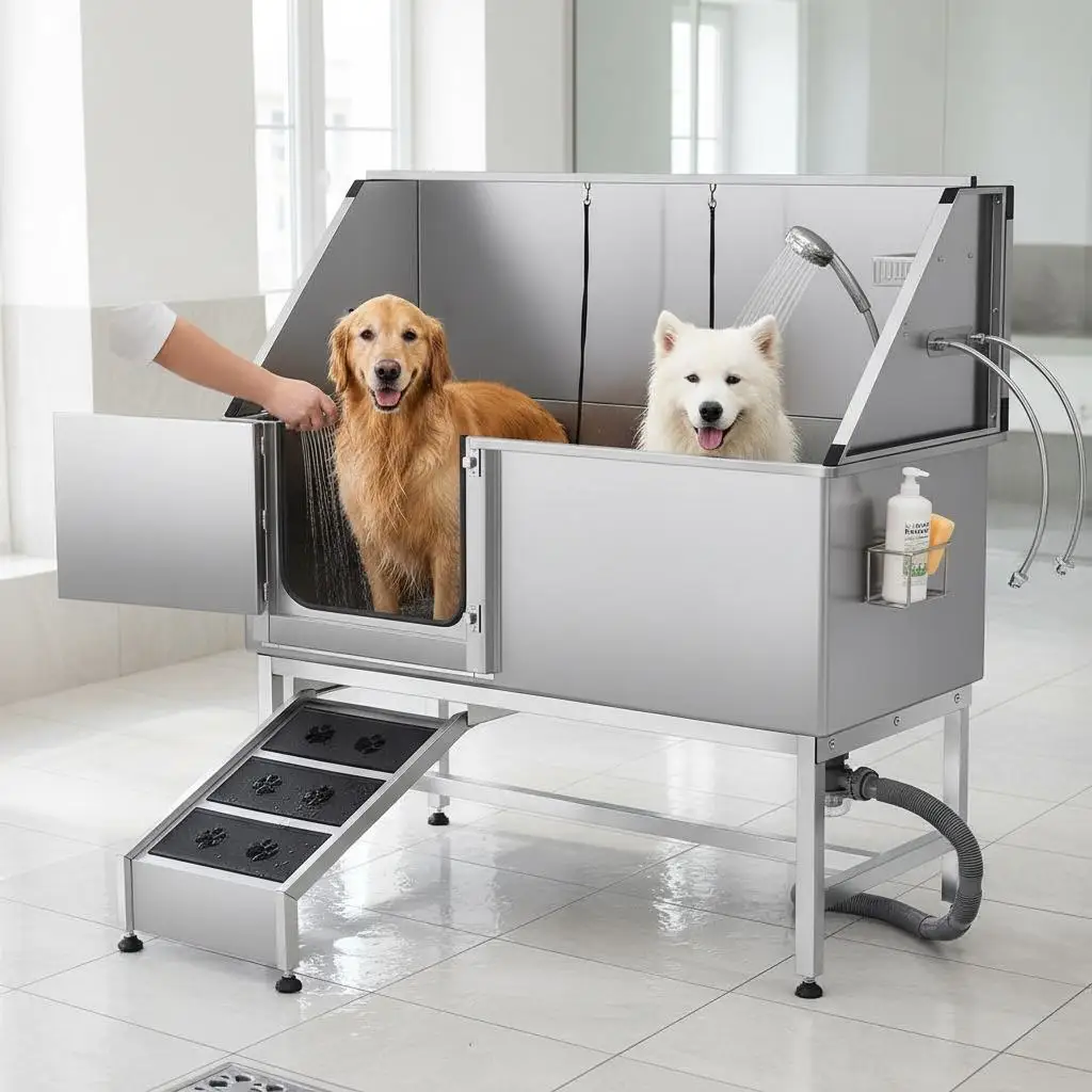 

Станция для груминга животных 62 дюйма для дома, зоомагазина, профессиональная ванна с пандусом и раздвижной дверцей, открывающаяся слева, металлическая ванна-туба