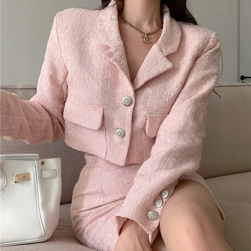 2022 Spring New Korean Fashion Casual Tweed Sets Lapel Jacket Coat + High Waist Bag Hip Mini Skirt Two Piece Suits Female