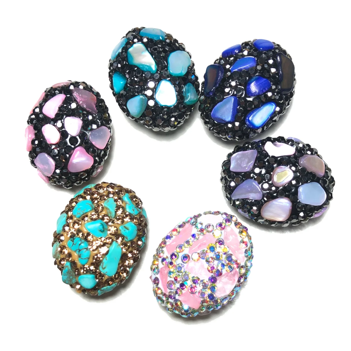 6pcs High Quality Mix Color Stone Rhinestone Paved Oval Focal Spacers Disco Beads Centerpieces Jewelry Bracelets Necklace Making