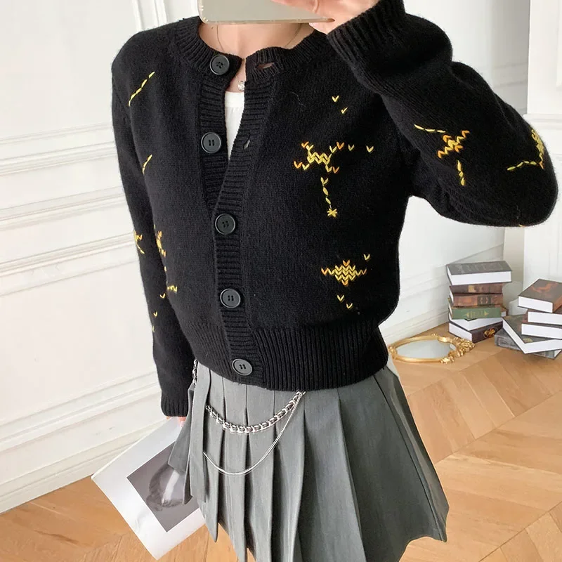 

Women's Contrast Cartoon Jacquard Knitted Cropped Sweater Coat, O Neck, High Waist Cardigan, Autumn Tops, 2024