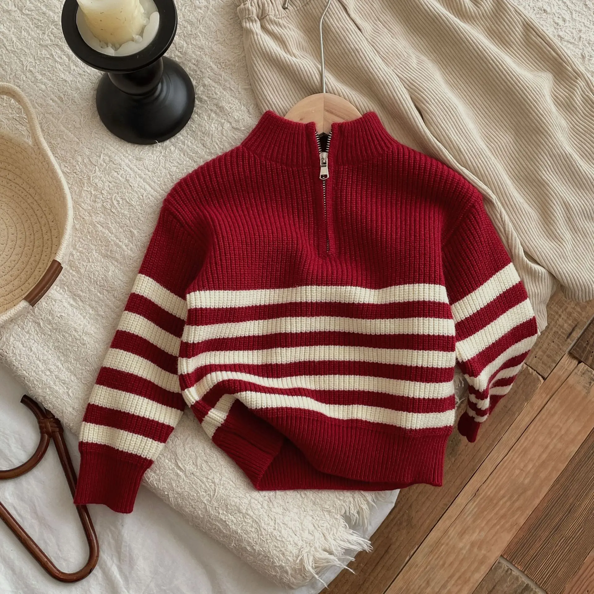 

Winter Children Xmas Look Long Sleeve Turtle Neck Striped Knitted Sweater For Kids Warm Christmas Pullover New Year Clothes