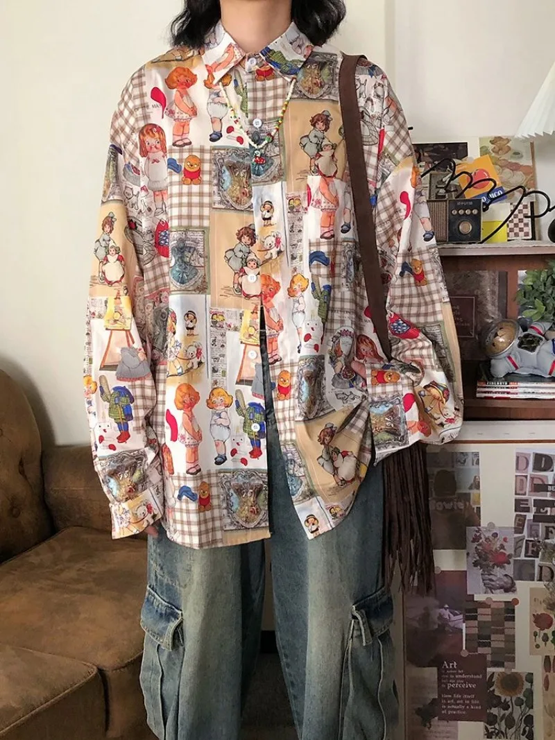 XEJ-Camisa con estampado a cuadros Retro japonés para mujer, Top de estilo perezoso Y2k, camisa Vintage de gran tamaño, Top de manga larga, Otoño,