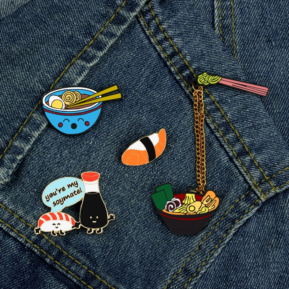 Cartoon Food Enamel Pins Japanese Sushi Ramen Noodles Vinegar Brooches Bag Shirt Collar Decorative Lapel Badge Jewelry Whoelsale