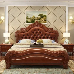 Wood Unique Luxury Bed King Size Master Cheap Upholstered Queen Bed Modern Genuine Leather Letto Matrimoniale Home Furniture