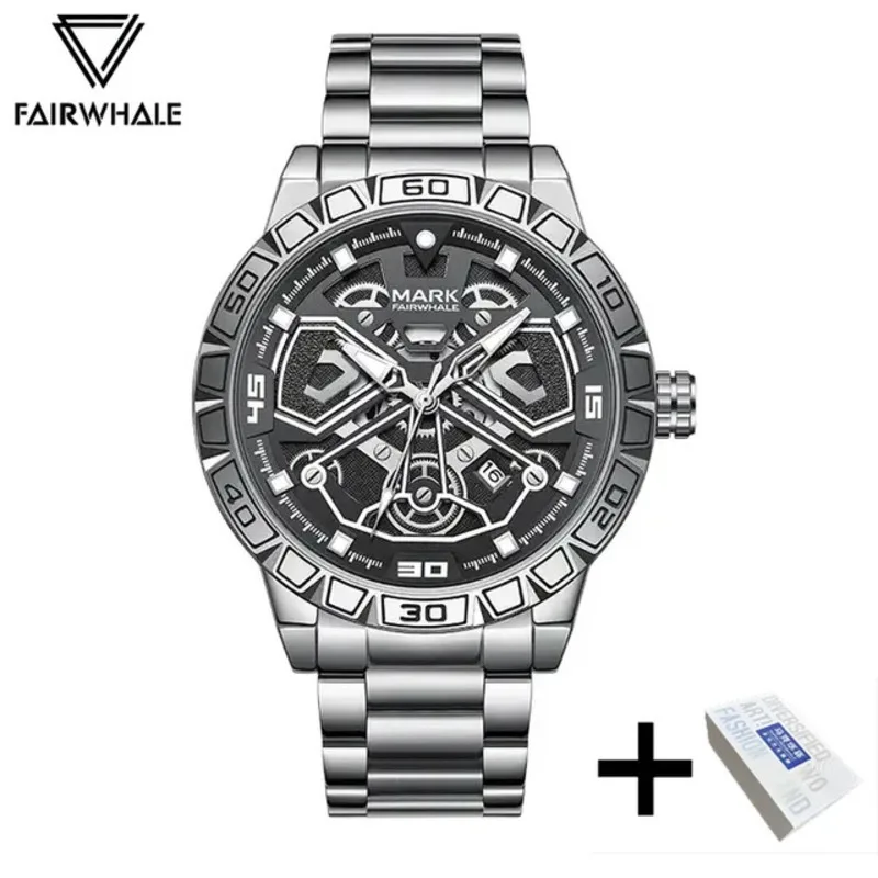 FAIRWHALE 5940 Mens Watch Stainless Steel Male Clock Luminous Calendar Waterproof Quartz Watches For Men Box Relogio Masculino