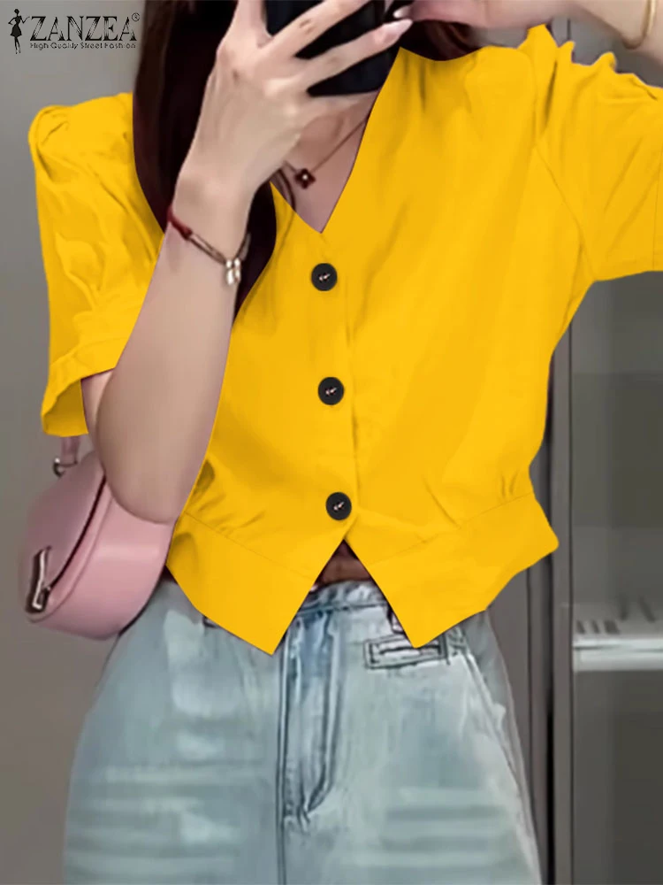 

ZANZEA Fashion Streetwear Shirts 2025 Summer Woman Short Puff Sleeve Elegant Chemise Femme V-Neck Button Up Solid Color Tops