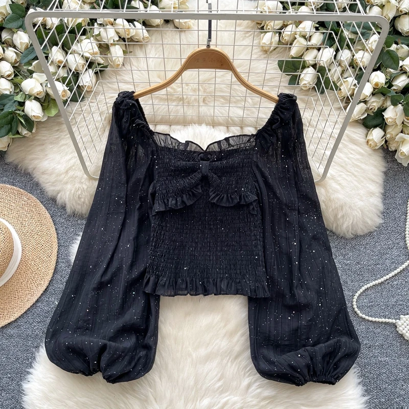 Early Autumn 2024 New Fashion Design Twist Pleated Lantern Sleeves Glitter Sparkling Top Women's Blouse