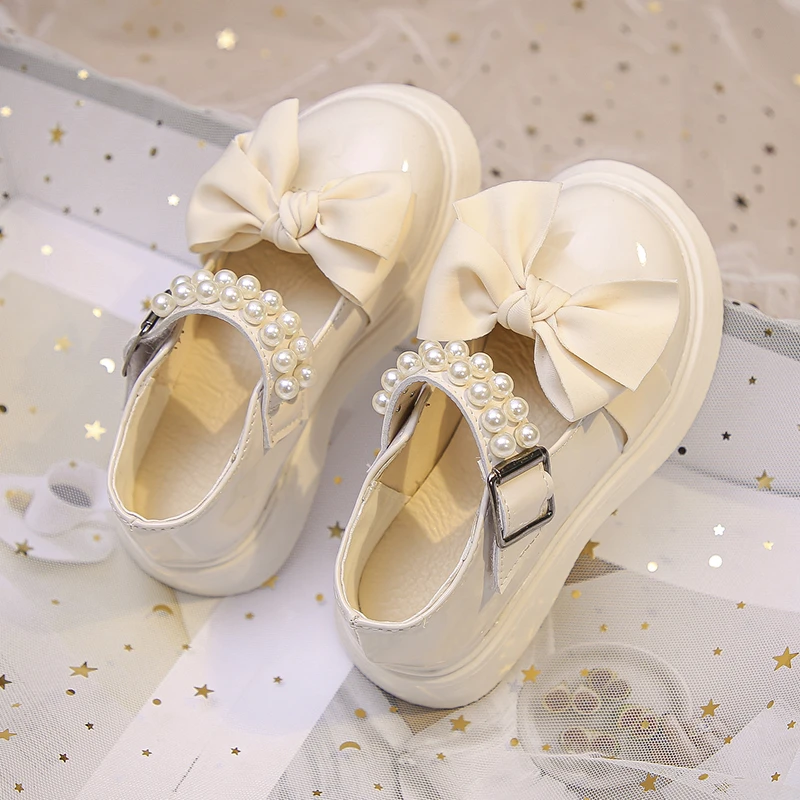 Black Leather Shoes For Girls 2023 New Children Baby Shoes Princess Mary Jane Shoes Girl Students White Bow Beading Flats