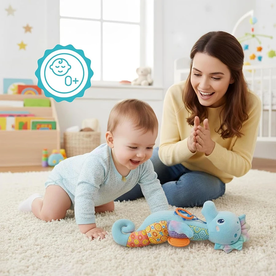 Jouets en peluche pour bébé de 0 à 6 mois, hippocampe musicale, Animal en peluche avec hochet, jouet doux pour nouveau-né de 0 6 9 12 mois