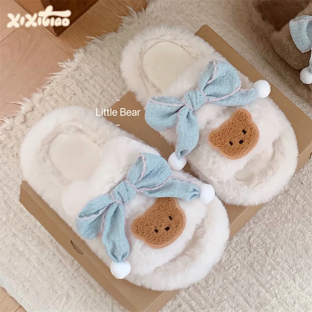 

Women Home Slippers Cute Little Bear Cotton Slippers For Indoor Household Warmth, Winter Bow Plush Slipper