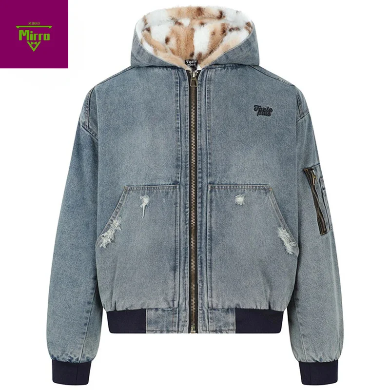 الشتاء رشاقته الدنيم الستر الرجال خمر مبطن سترات معاطف دافئة الشارع الشهير Harajuku الهيب هوب المتضخم جواكت شتوية #1