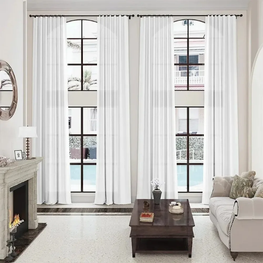 

Solid Sheer Curtains for High Ceiling French Windows Linen Look Tulle Voilage Longer Living Room Hall Ready Made Decor