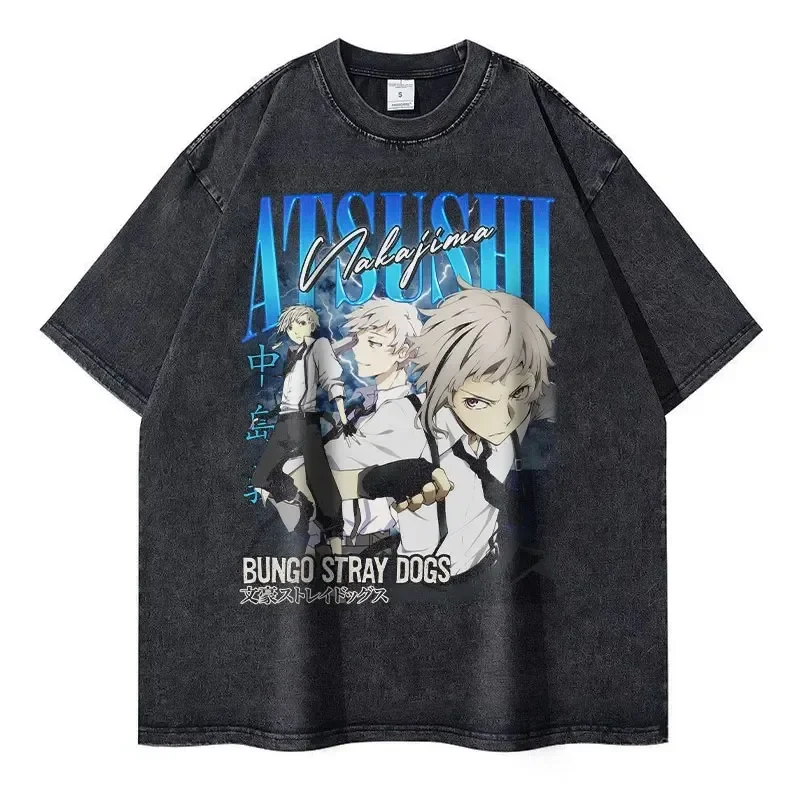 Nakahara chuuya T-shirt vintage washed anime Bungo Stray dogs T shirts oversized streetwear Dazai Osamu Atsushi tops tees men