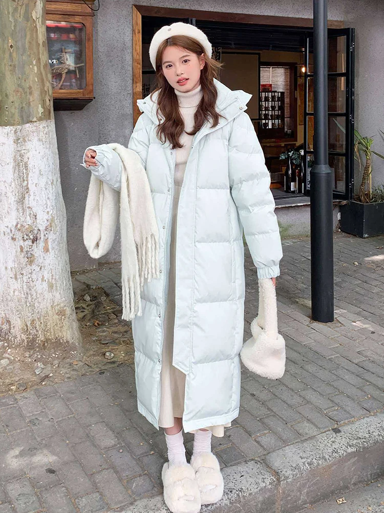 Winter Long Hooded Solid Down Jacket Women White Duck Down Waterproof Outwears Female Warm Thick Parker Knee Length Down Jacket